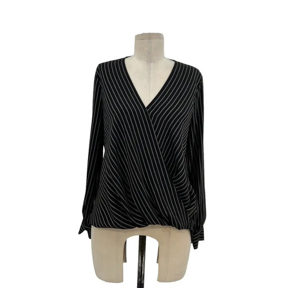 Karen‎ Millen Pinstripe Wrap Blouse Black Long Sleeve Size US 4 - Picture 2 of 13